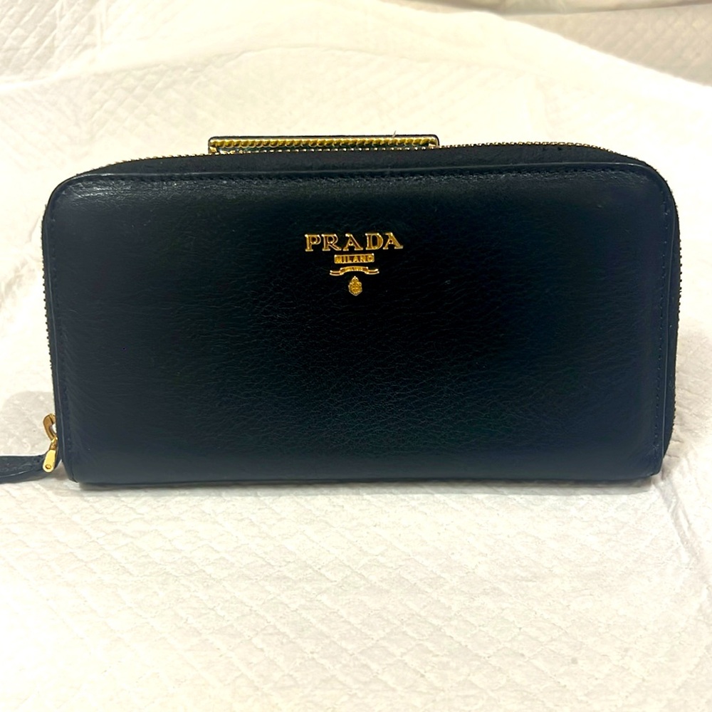 PRADA Logo Black Leather Zip Around Long Wallet with Authentication Card